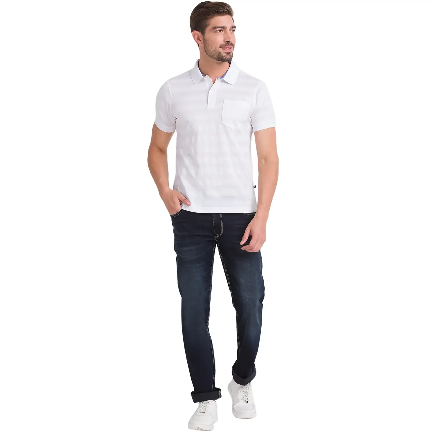 Men White Regular Fit Jacquard Cotton Round Neck Collar Polo T-Shirt - Image 5