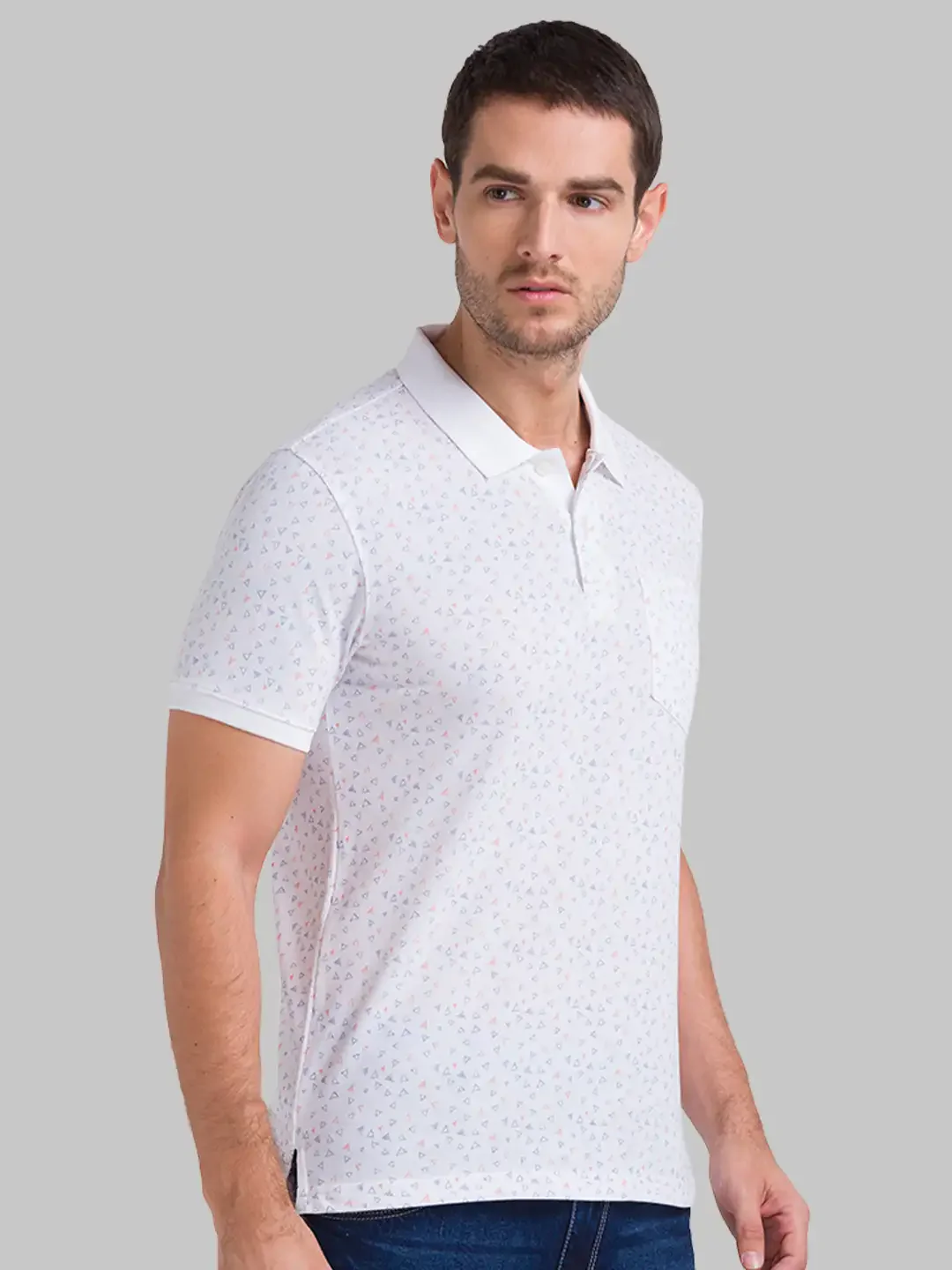 Men White Regular Fit Print Cotton Polyester Blend Round Neck Collar Polo T-Shirt - Image 2