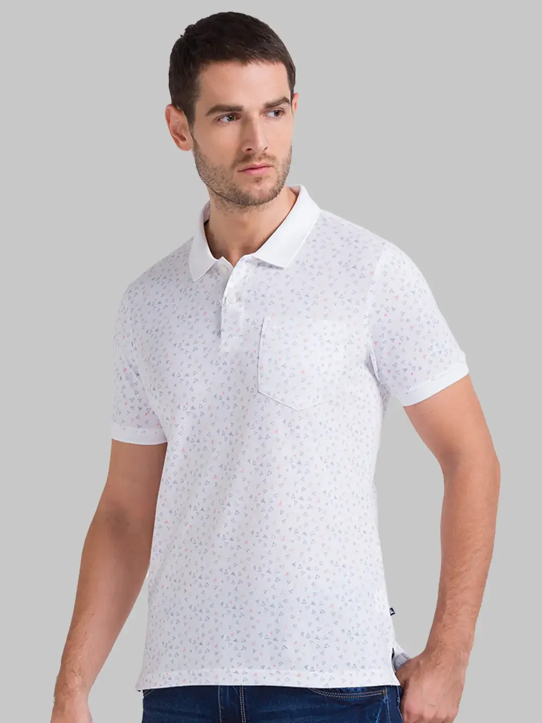 Men White Regular Fit Print Cotton Polyester Blend Round Neck Collar Polo T-Shirt - Image 3