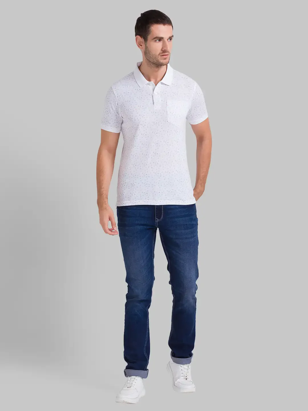 Men White Regular Fit Print Cotton Polyester Blend Round Neck Collar Polo T-Shirt - Image 5