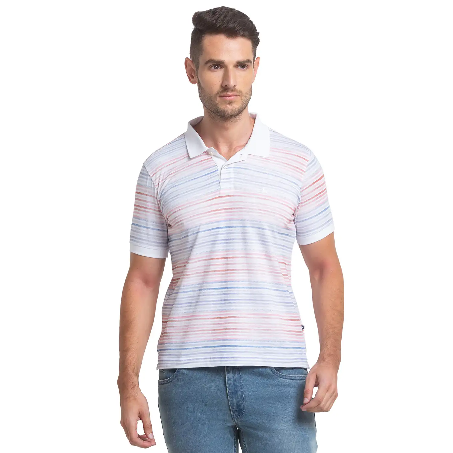 Men White Regular Fit Print Cotton Round Neck Collar Polo T-Shirt