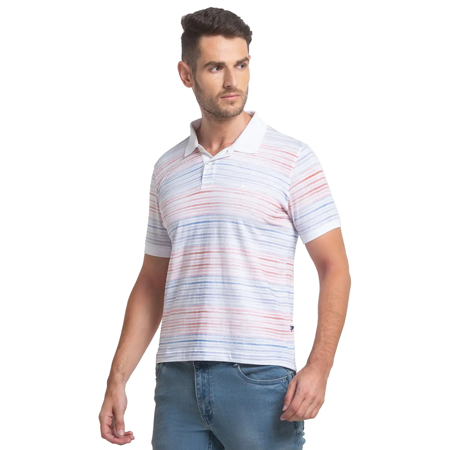 Men White Regular Fit Print Cotton Round Neck Collar Polo T-Shirt - Image 3