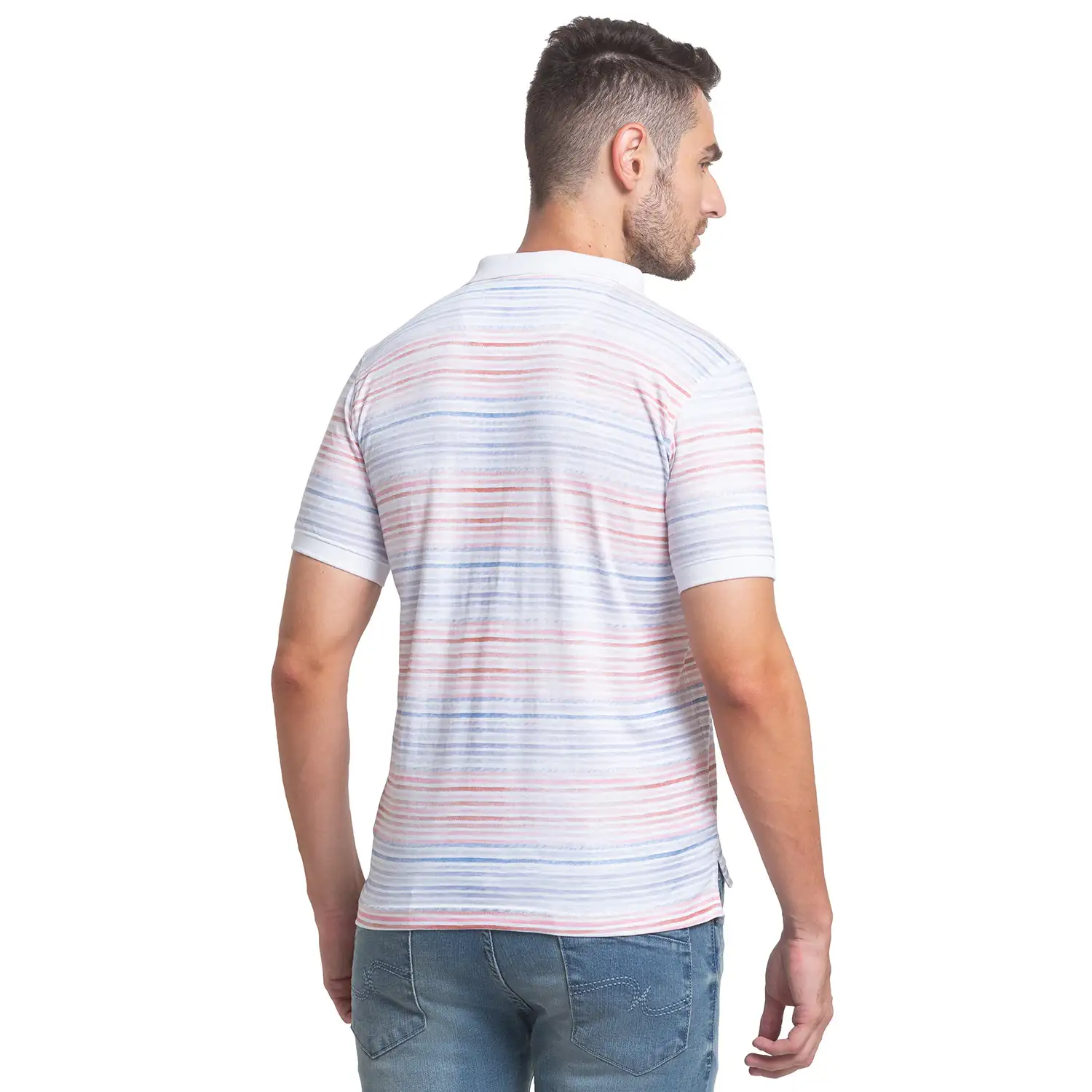 Men White Regular Fit Print Cotton Round Neck Collar Polo T-Shirt - Image 4