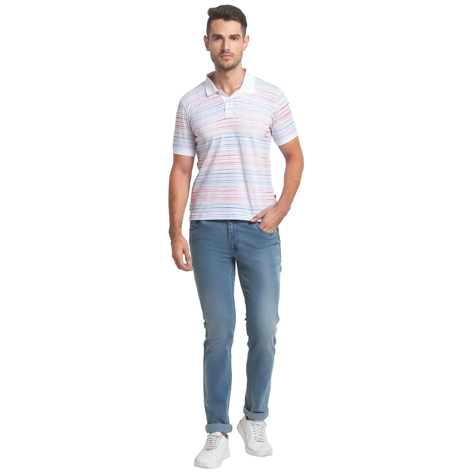 Men White Regular Fit Print Cotton Round Neck Collar Polo T-Shirt - Image 5