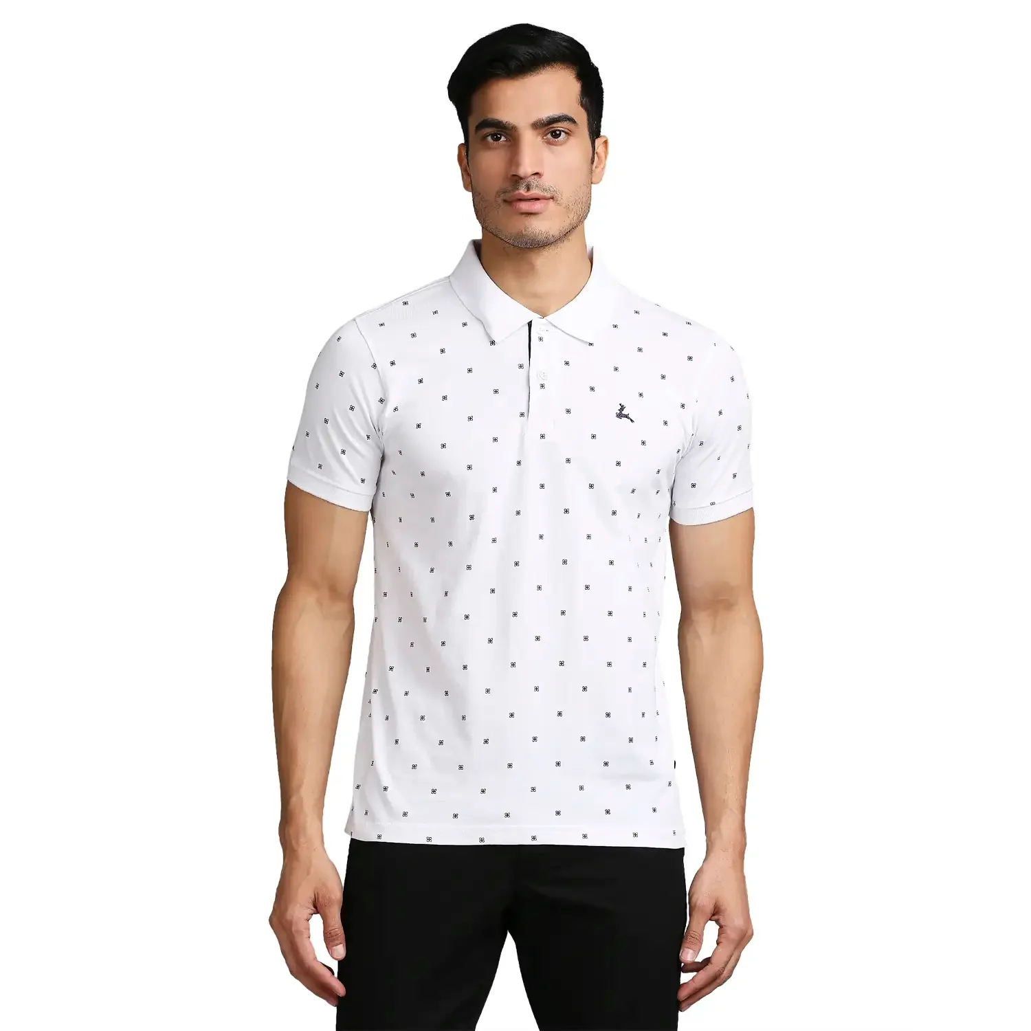 Men White Regular Fit Print Cotton Round Neck Collar Polo T-Shirt