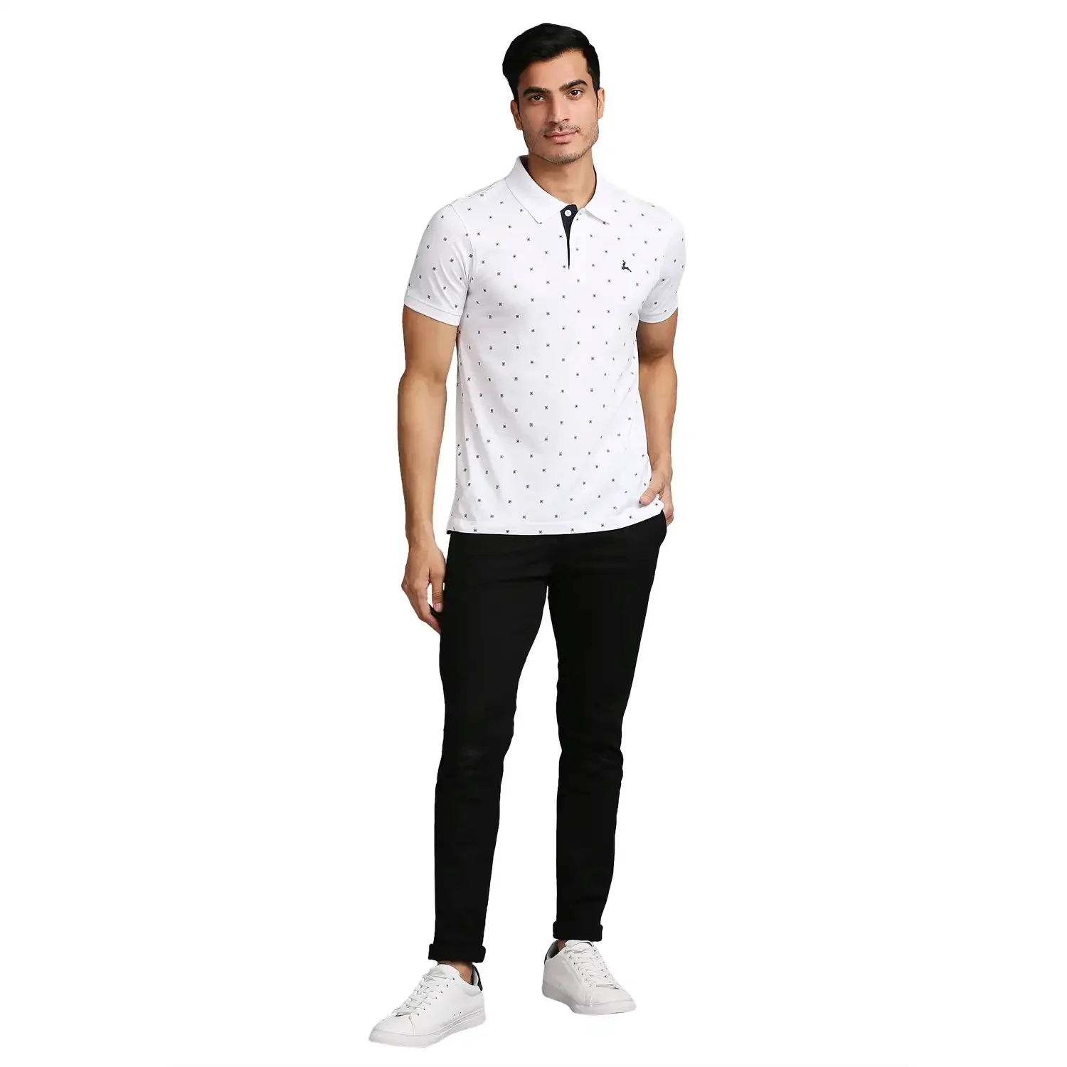 Men White Regular Fit Print Cotton Round Neck Collar Polo T-Shirt - Image 5