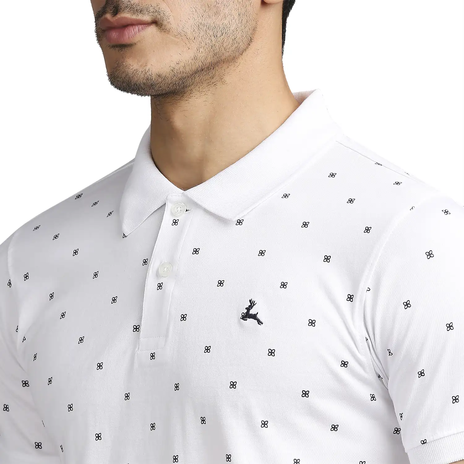 Men White Regular Fit Print Cotton Round Neck Collar Polo T-Shirt - Image 6