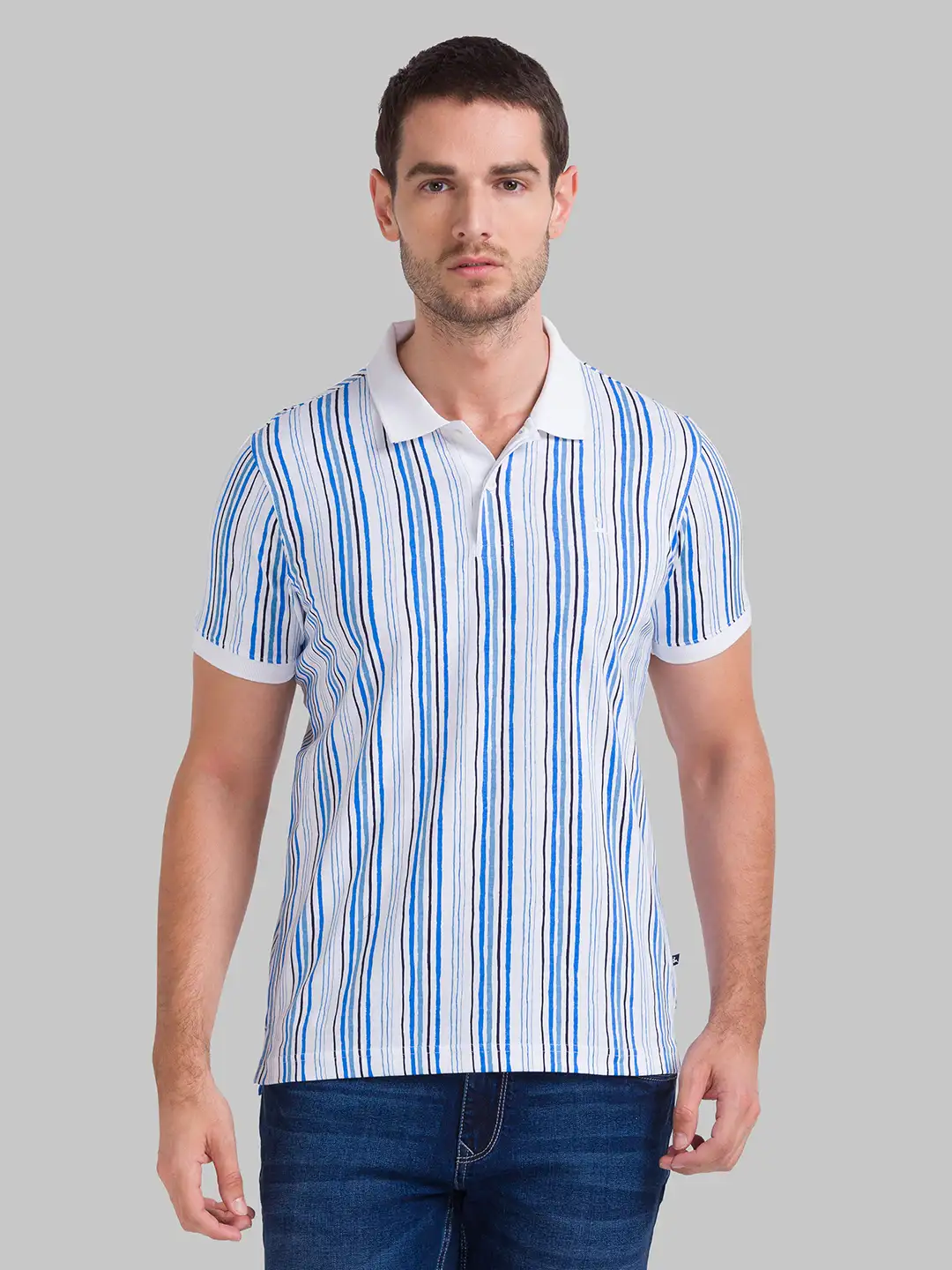 Men White Regular Fit Print Cotton Round Neck Collar Polo T-Shirt