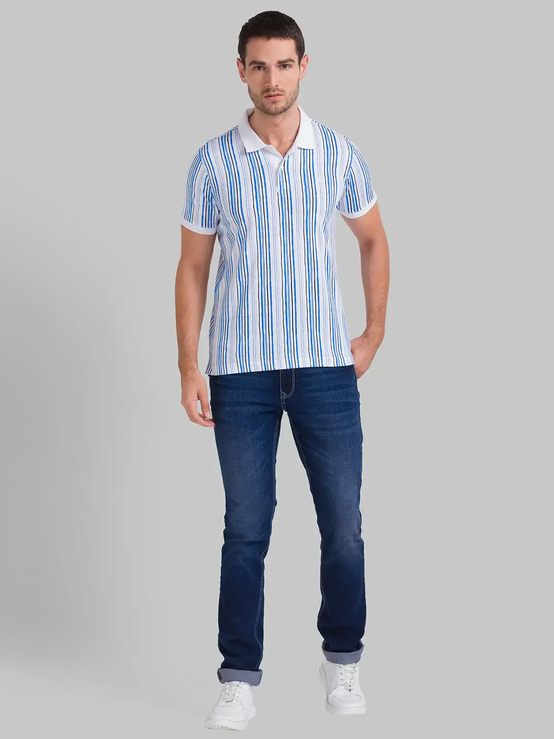 Men White Regular Fit Print Cotton Round Neck Collar Polo T-Shirt - Image 5