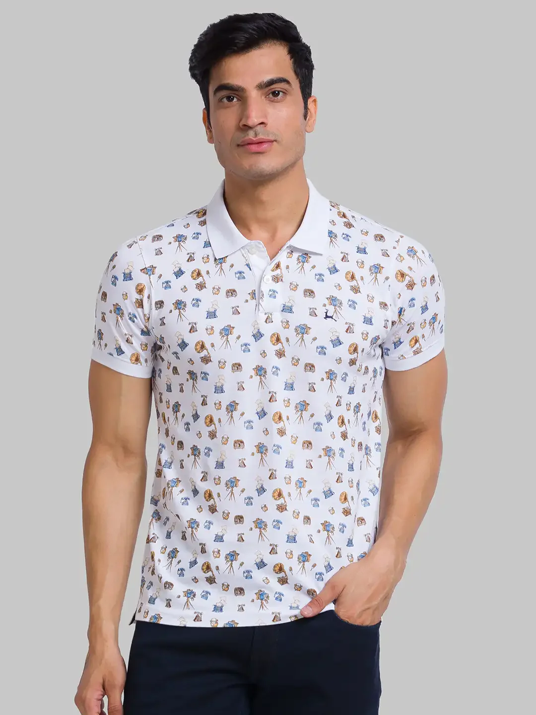 Men White Regular Fit Print Cotton Round Neck Collar Polo T-Shirt