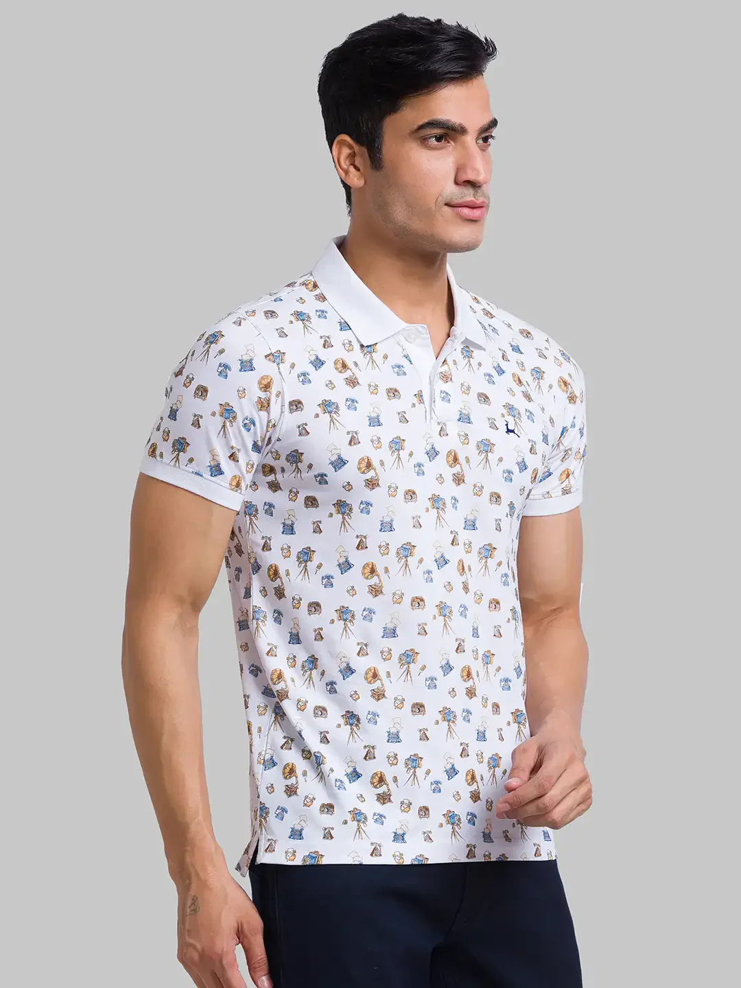 Men White Regular Fit Print Cotton Round Neck Collar Polo T-Shirt - Image 2