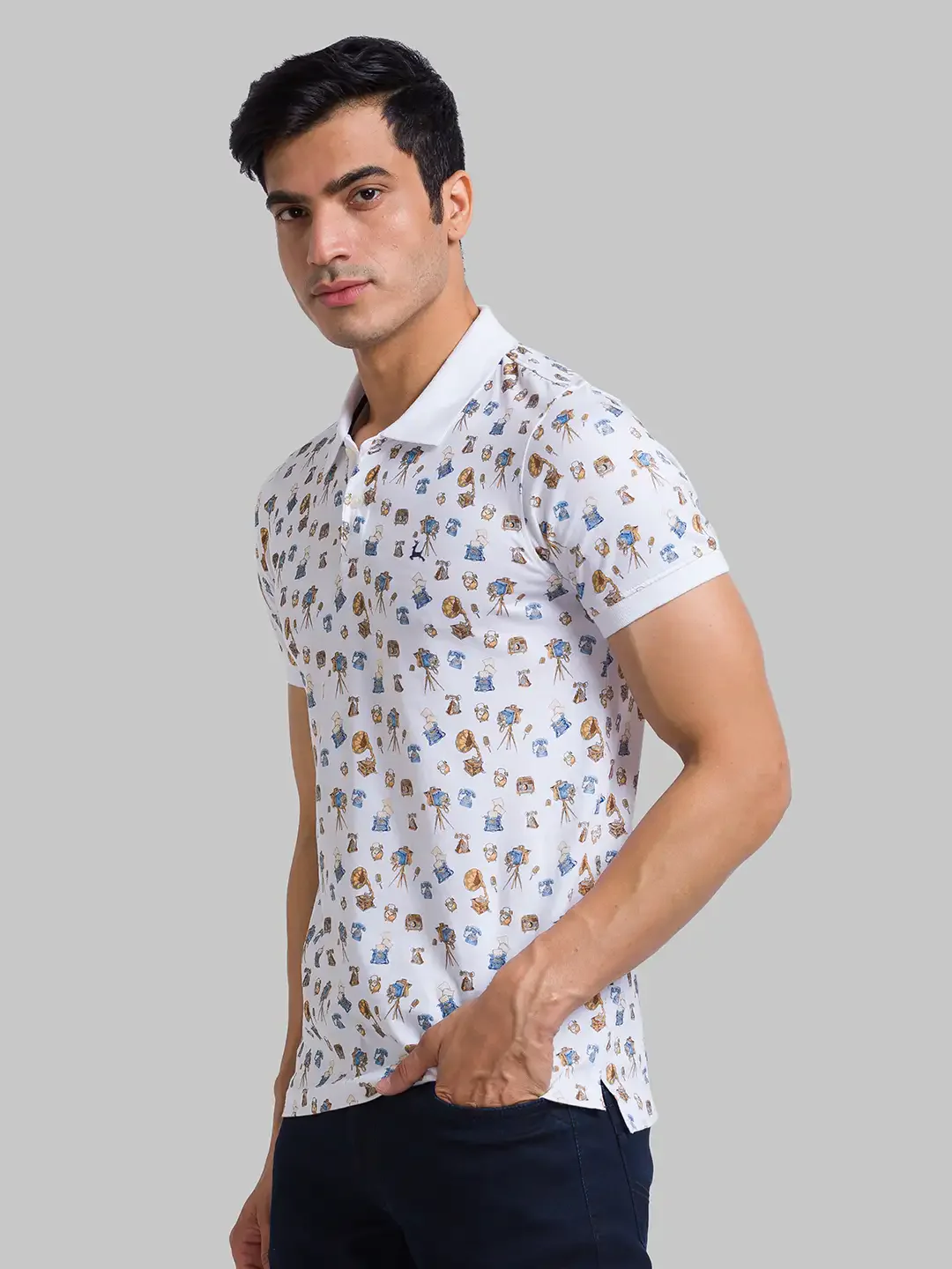 Men White Regular Fit Print Cotton Round Neck Collar Polo T-Shirt - Image 3