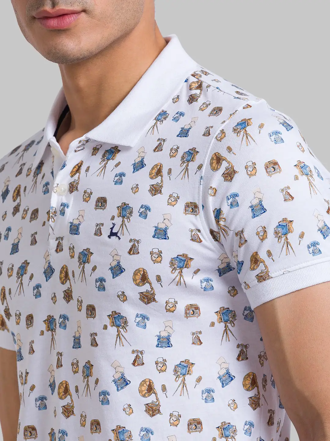Men White Regular Fit Print Cotton Round Neck Collar Polo T-Shirt - Image 6