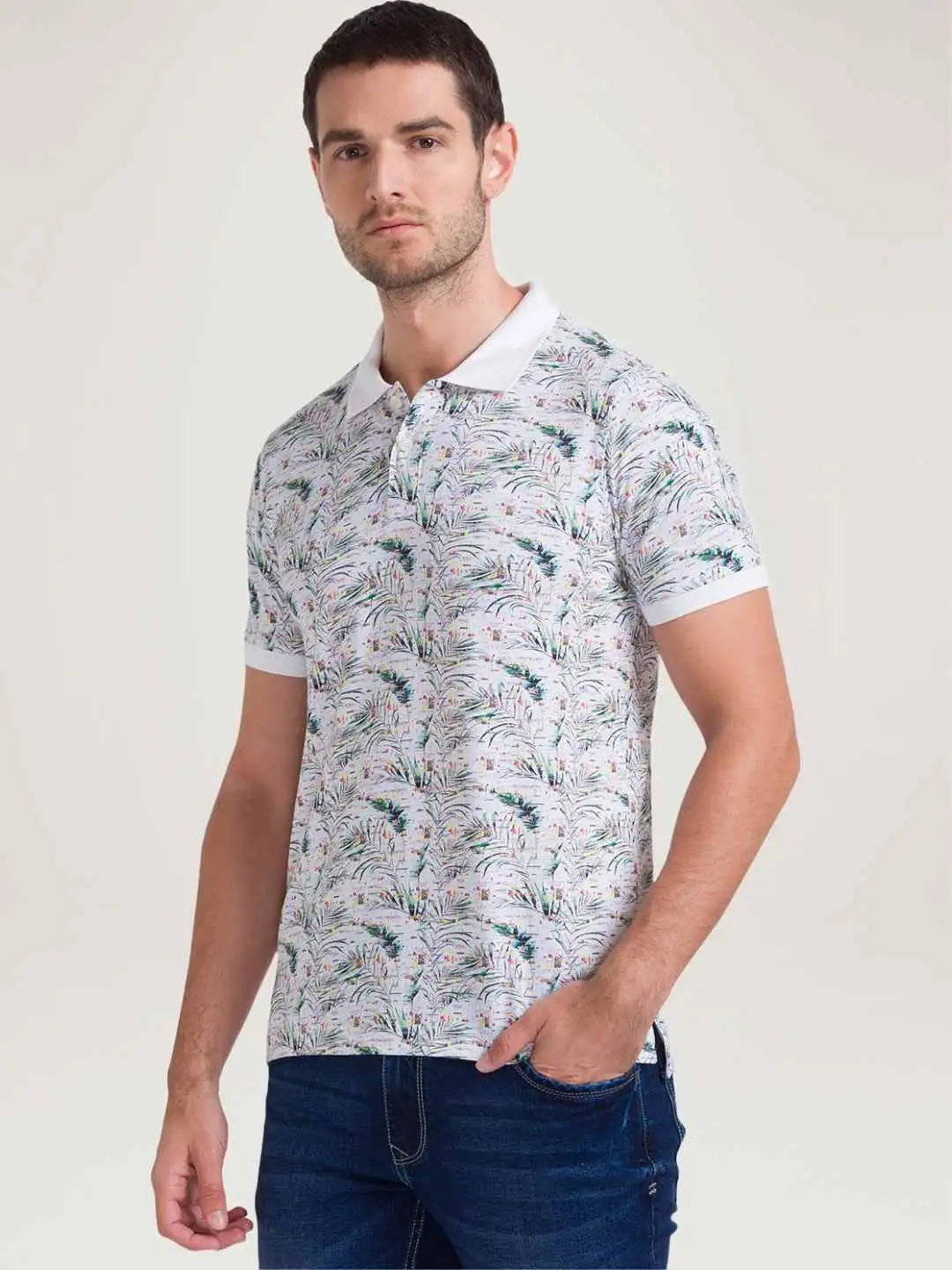 Men White Regular Fit Print Cotton Round Neck Collar Polo T-Shirt