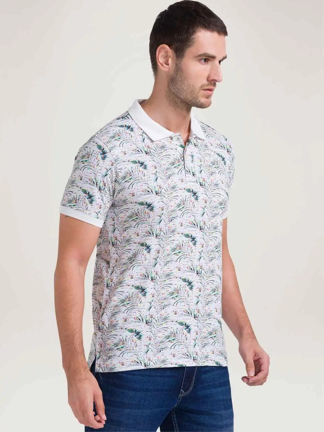 Men White Regular Fit Print Cotton Round Neck Collar Polo T-Shirt - Image 2