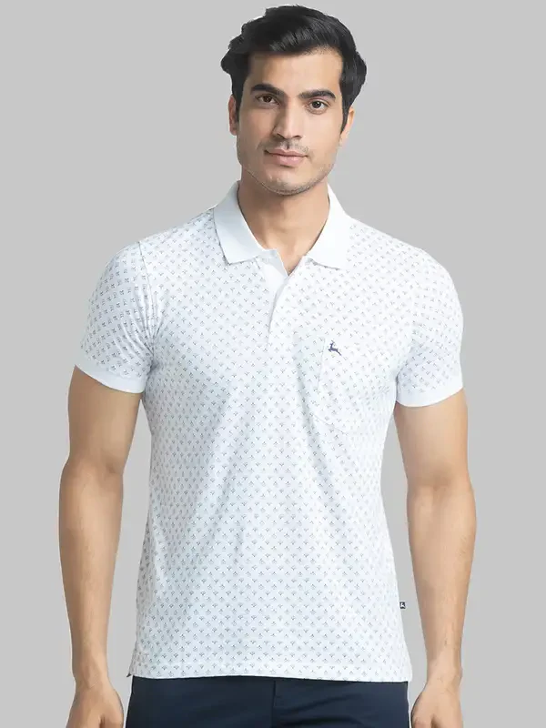 Men White Regular Fit Print Cotton Round Neck Collar Polo T-Shirt