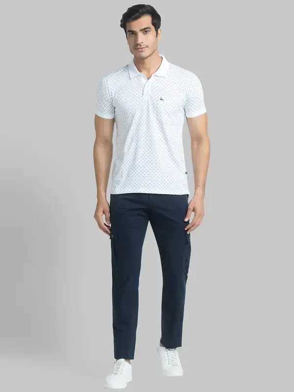 Men White Regular Fit Print Cotton Round Neck Collar Polo T-Shirt - Image 5