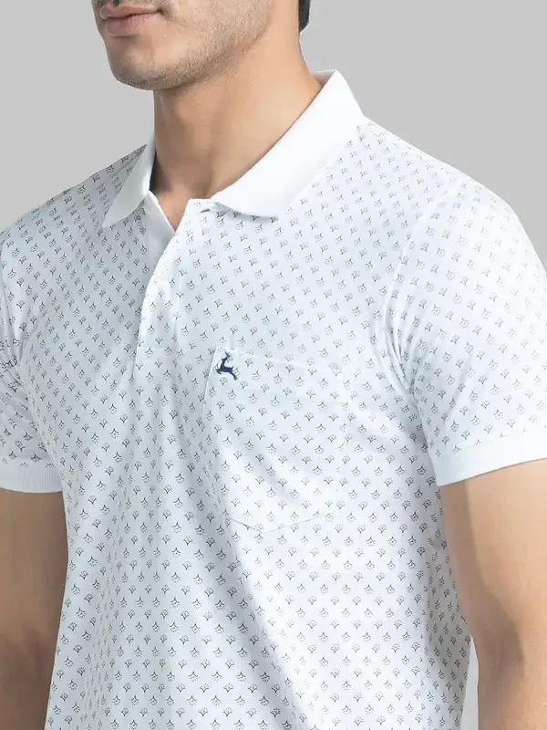 Men White Regular Fit Print Cotton Round Neck Collar Polo T-Shirt - Image 6