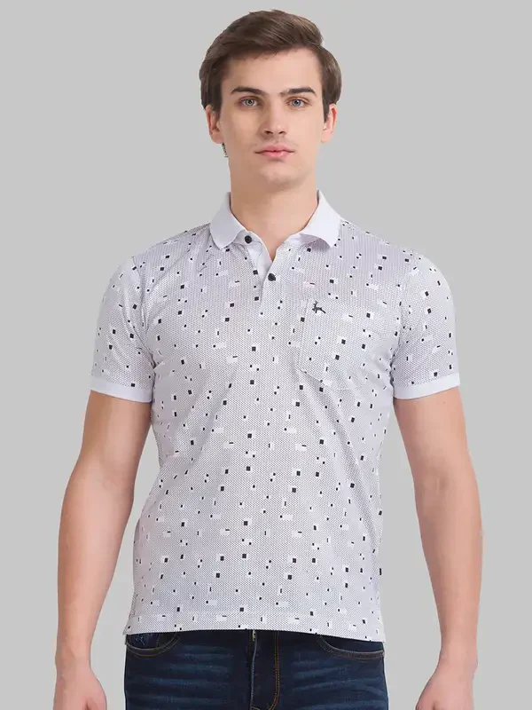 Men White Regular Fit Print Cotton Round Neck Collar Polo T-Shirt