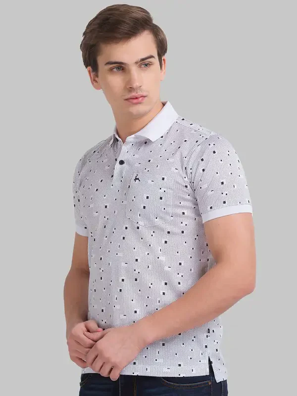 Men White Regular Fit Print Cotton Round Neck Collar Polo T-Shirt - Image 3