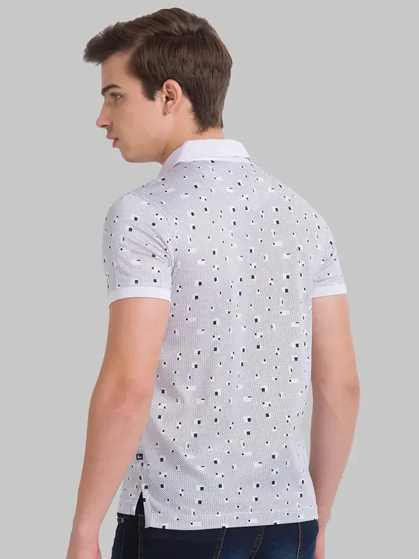 Men White Regular Fit Print Cotton Round Neck Collar Polo T-Shirt - Image 4