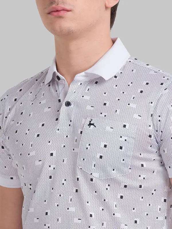 Men White Regular Fit Print Cotton Round Neck Collar Polo T-Shirt - Image 6