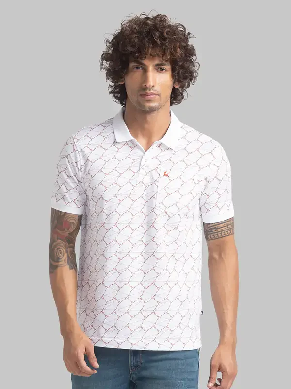 Men White Regular Fit Print Cotton Round Neck Collar Polo T-Shirt
