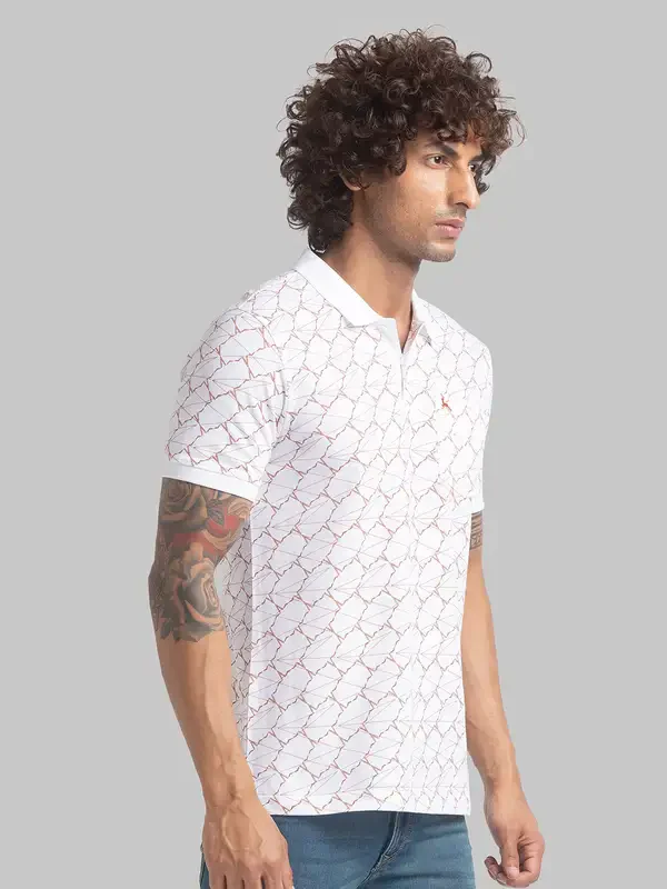 Men White Regular Fit Print Cotton Round Neck Collar Polo T-Shirt - Image 2