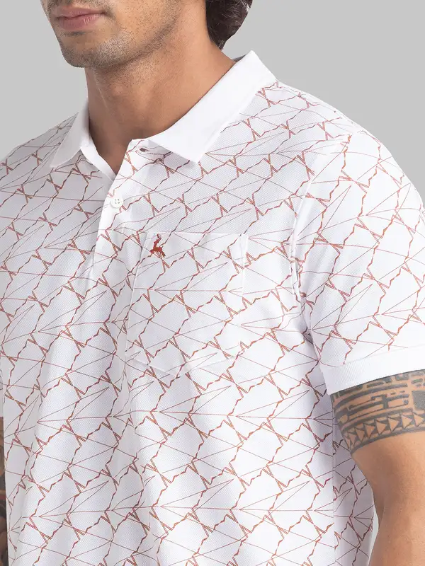 Men White Regular Fit Print Cotton Round Neck Collar Polo T-Shirt - Image 6
