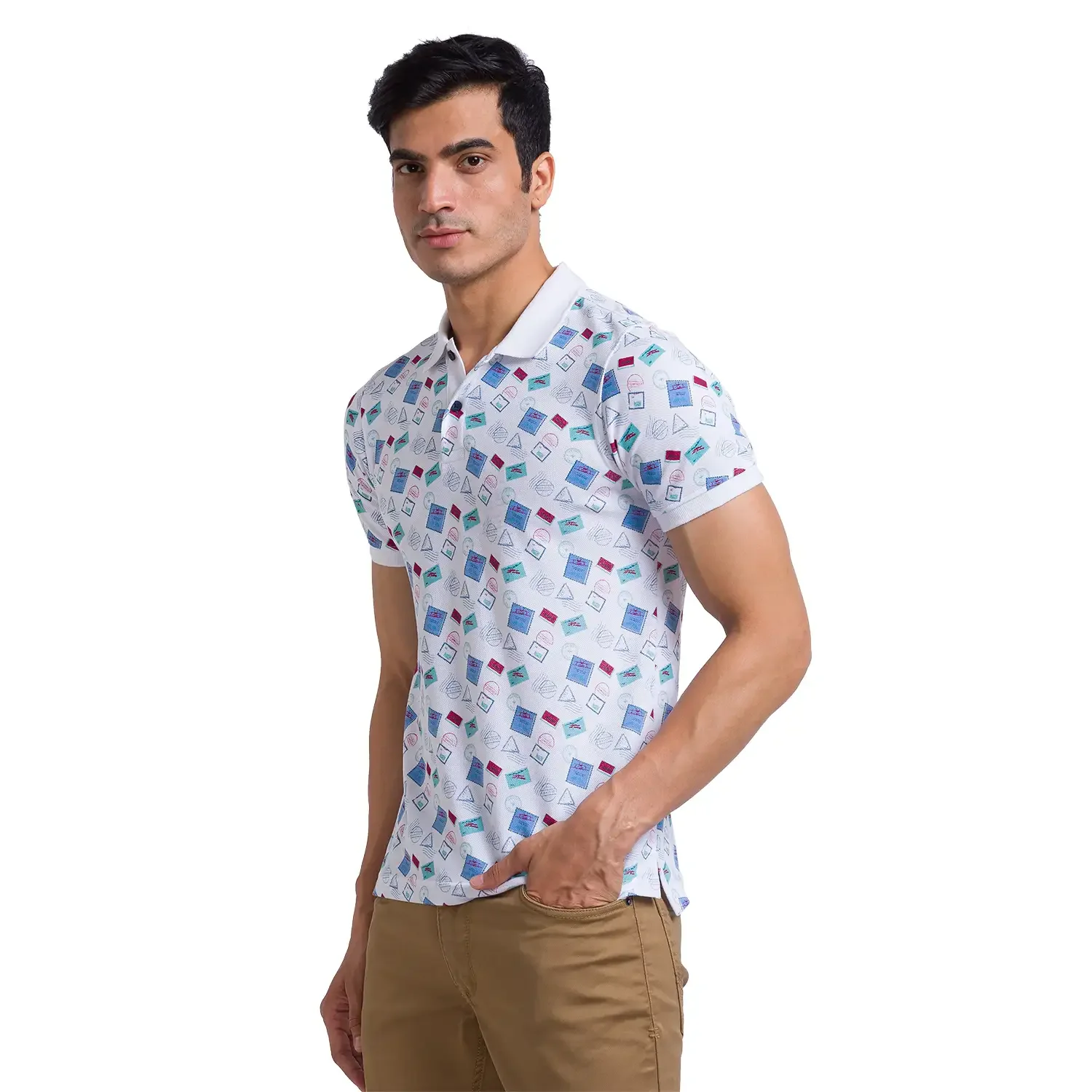 Men White Regular Fit Print Cotton Round Neck Collar Polo T-Shirt - Image 3