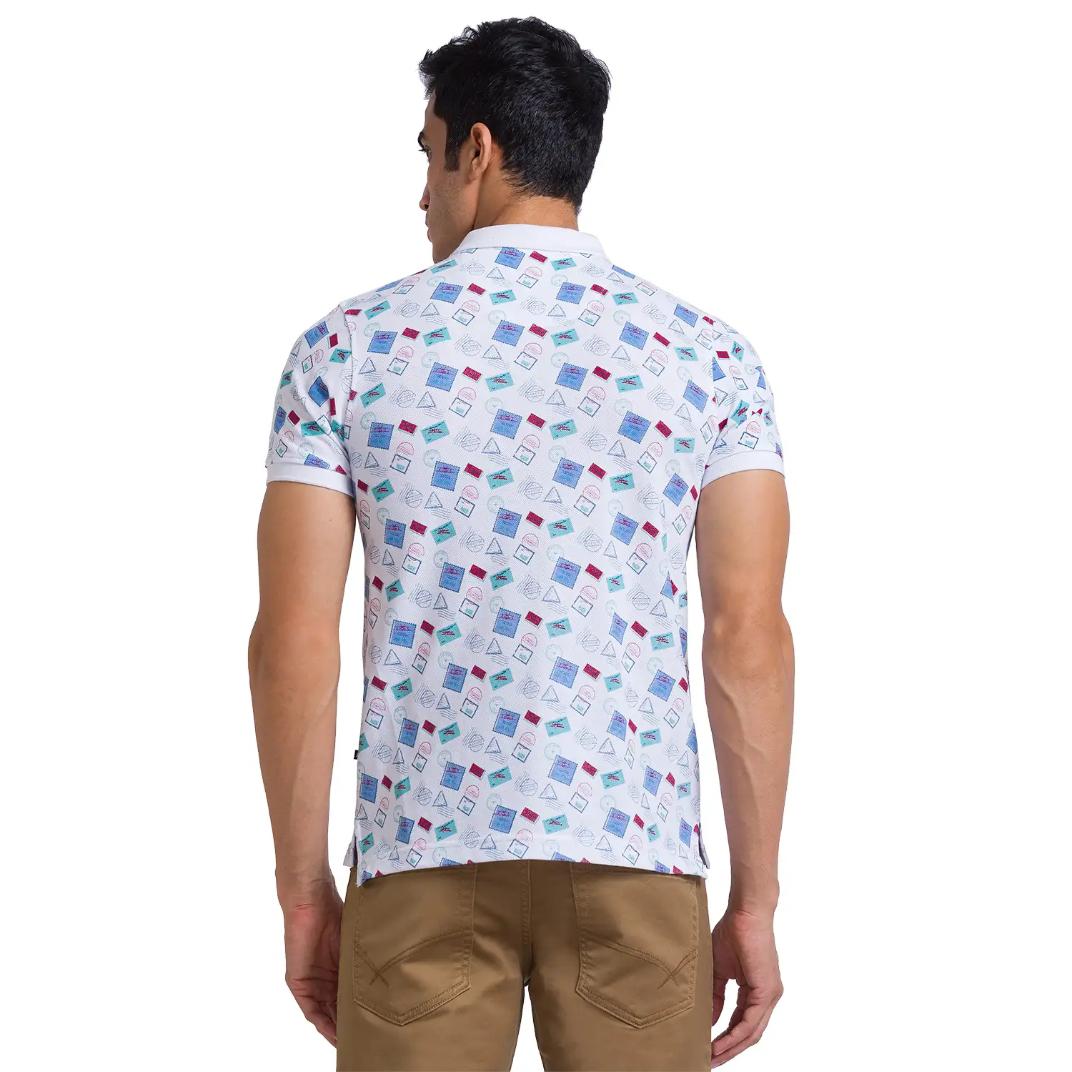 Men White Regular Fit Print Cotton Round Neck Collar Polo T-Shirt - Image 4