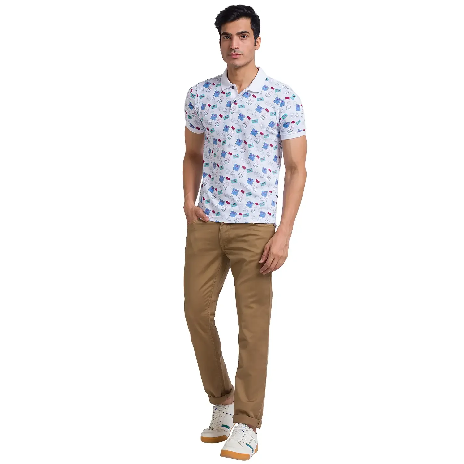 Men White Regular Fit Print Cotton Round Neck Collar Polo T-Shirt - Image 5
