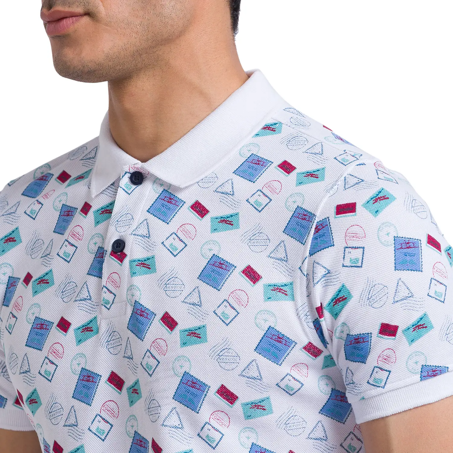 Men White Regular Fit Print Cotton Round Neck Collar Polo T-Shirt - Image 6