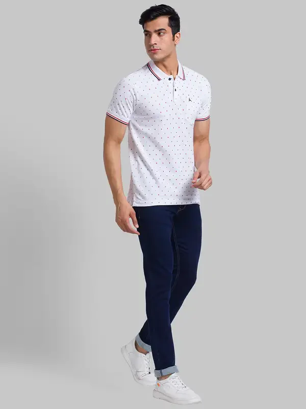 Men White Regular Fit Print Cotton Round Neck Collar Polo T-Shirt - Image 5