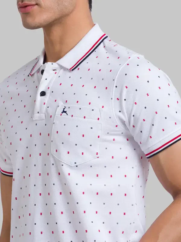 Men White Regular Fit Print Cotton Round Neck Collar Polo T-Shirt - Image 6