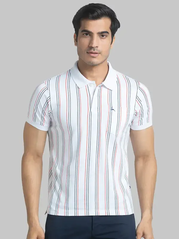 Men White Regular Fit Print Cotton Round Neck Collar Polo T-Shirt