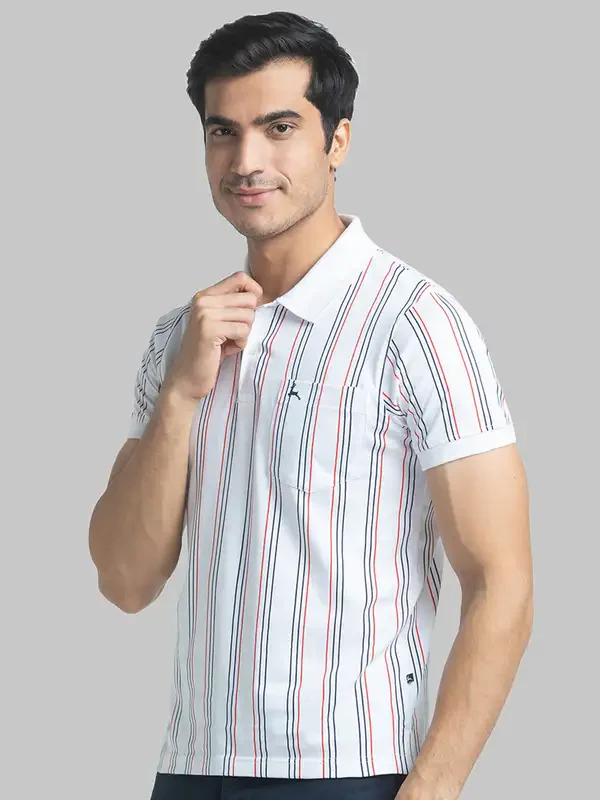 Men White Regular Fit Print Cotton Round Neck Collar Polo T-Shirt - Image 3