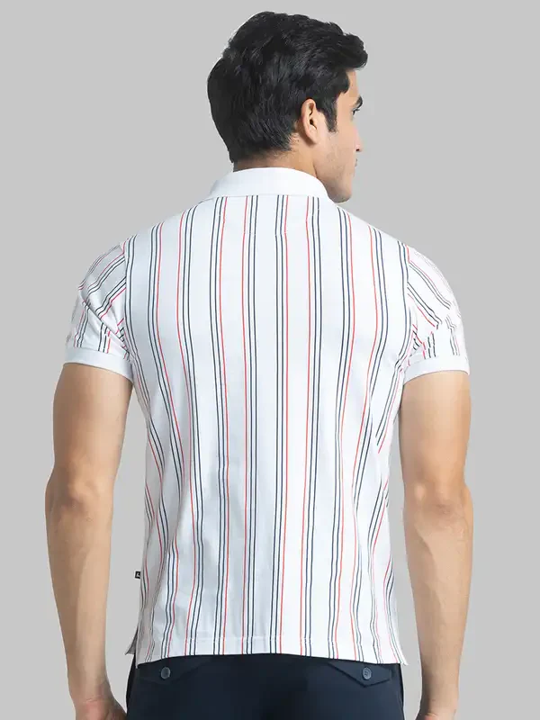 Men White Regular Fit Print Cotton Round Neck Collar Polo T-Shirt - Image 4