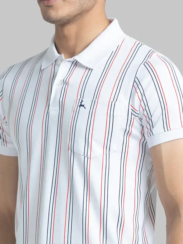 Men White Regular Fit Print Cotton Round Neck Collar Polo T-Shirt - Image 6