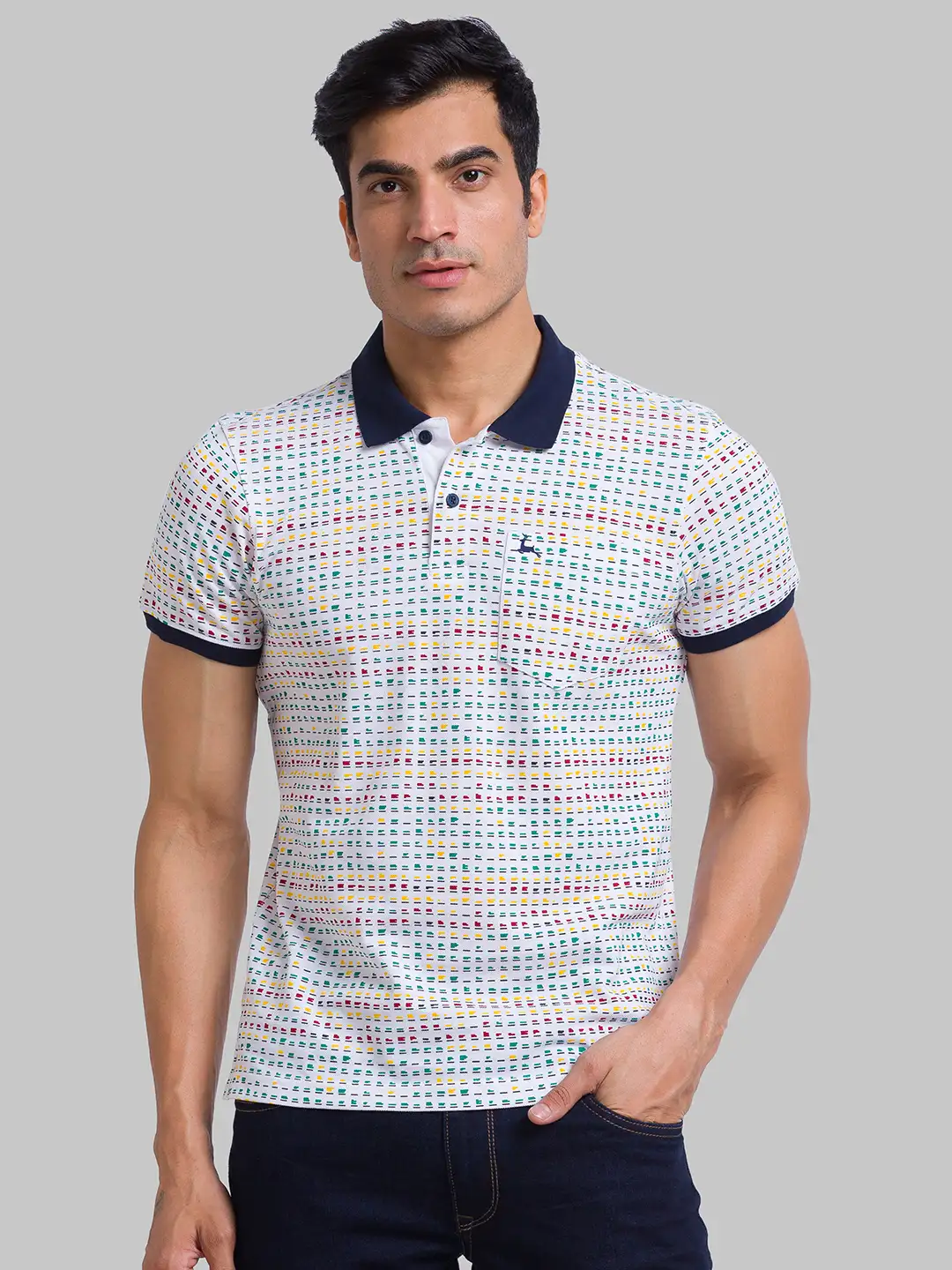 Men White Regular Fit Print Polyester Blend Round Neck Collar Polo T-Shirt
