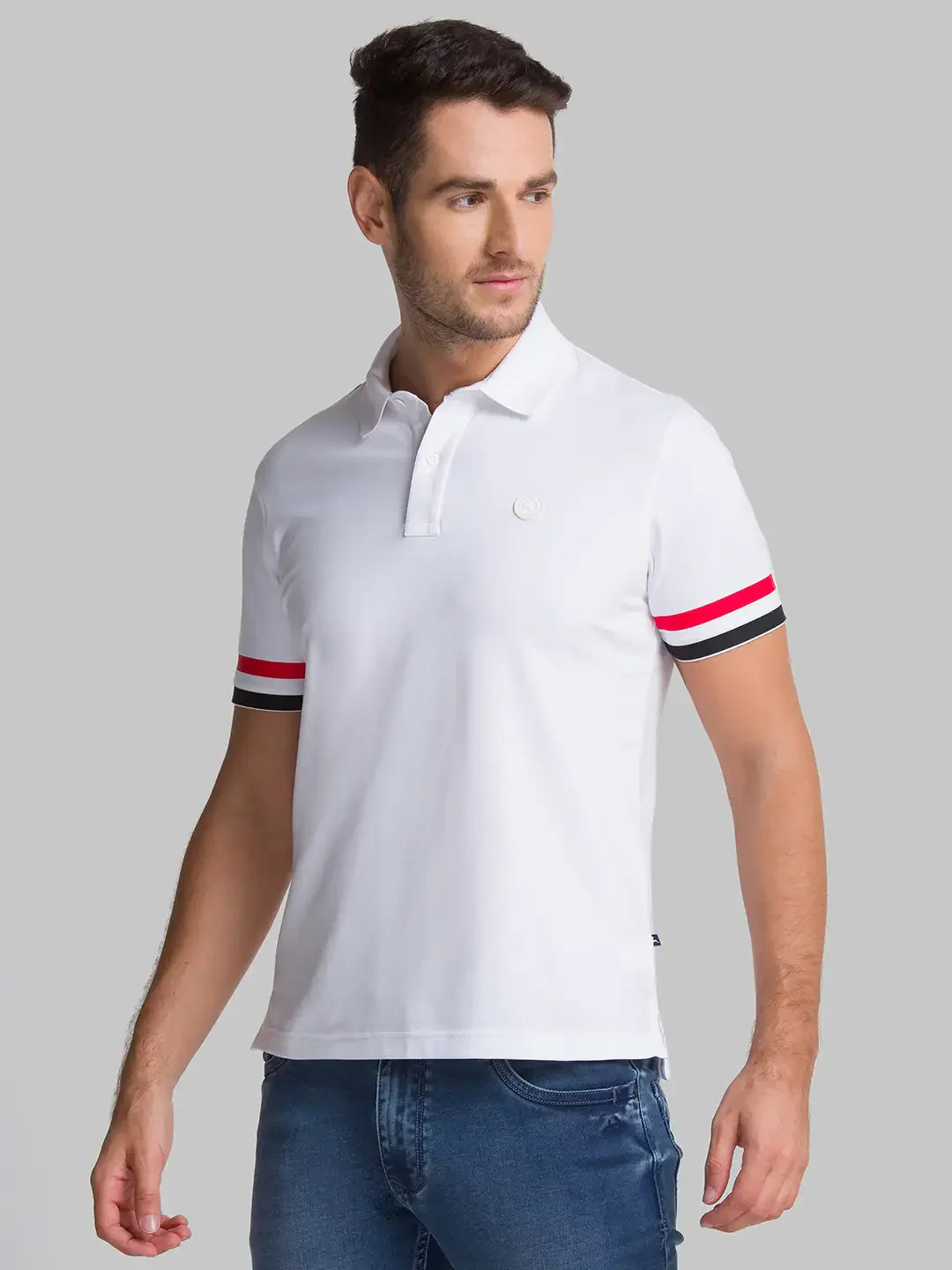 Men White Regular Fit Solid Cotton Blend Round Neck Collar Polo T-Shirt - Image 3