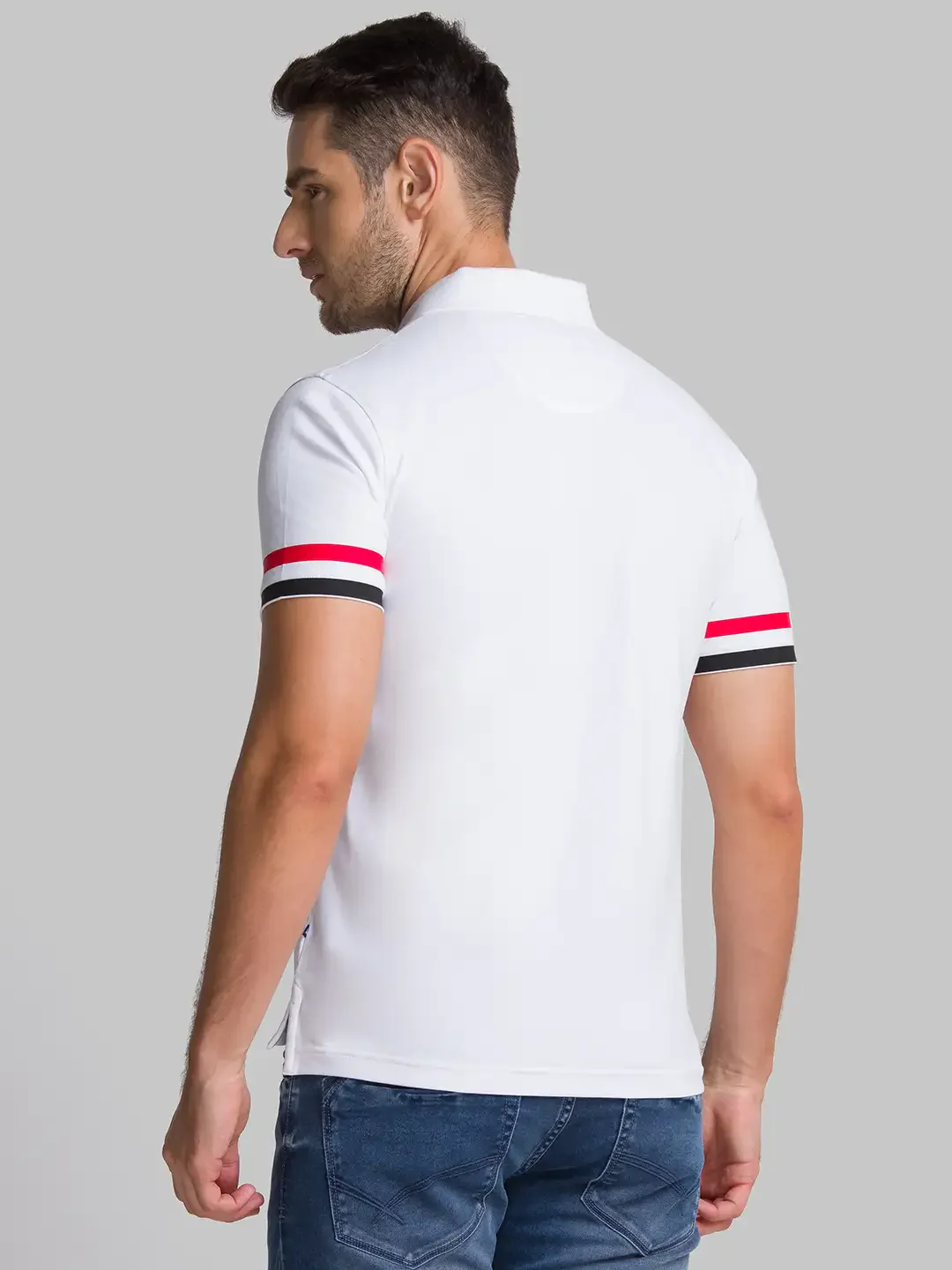 Men White Regular Fit Solid Cotton Blend Round Neck Collar Polo T-Shirt - Image 4