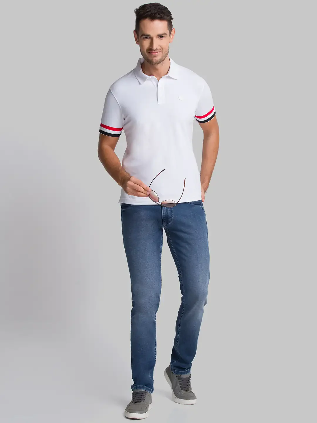 Men White Regular Fit Solid Cotton Blend Round Neck Collar Polo T-Shirt - Image 5