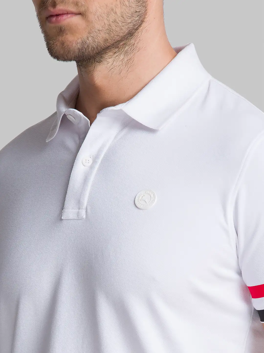 Men White Regular Fit Solid Cotton Blend Round Neck Collar Polo T-Shirt - Image 6