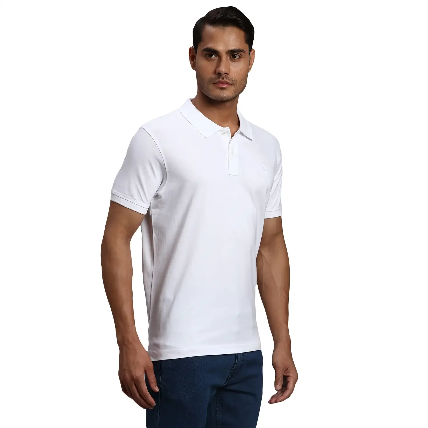 Men White Regular Fit Solid Cotton Half Sleeve Round Neck Collar Polo T-Shirt - Image 2