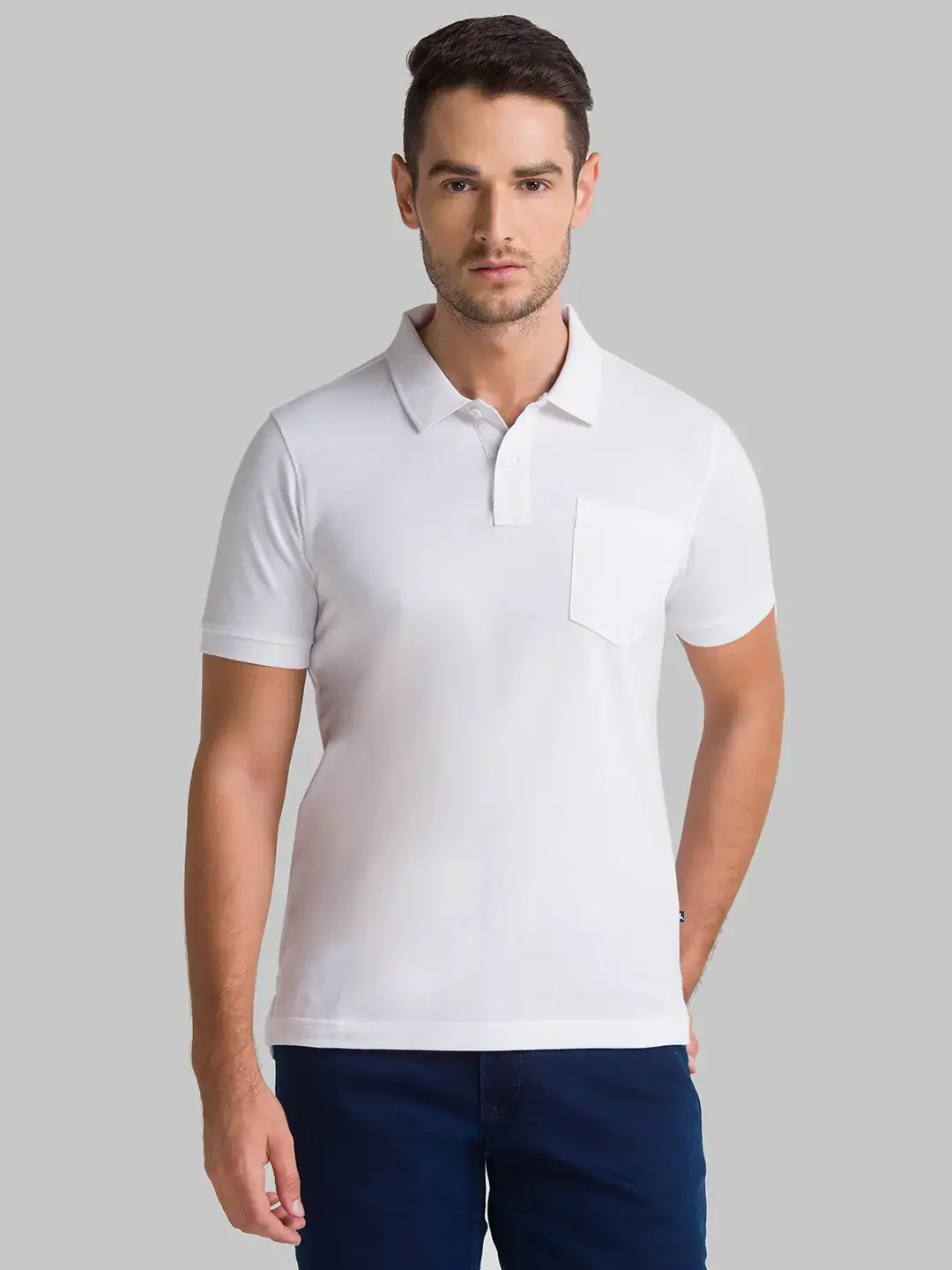 Men White Regular Fit Solid Cotton Round Neck Collar Polo T-Shirt