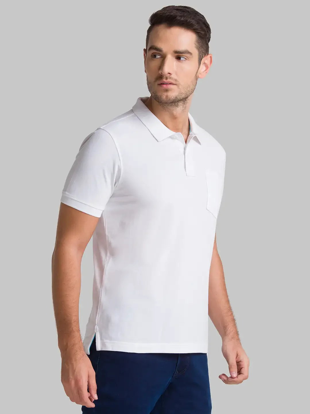 Men White Regular Fit Solid Cotton Round Neck Collar Polo T-Shirt - Image 2