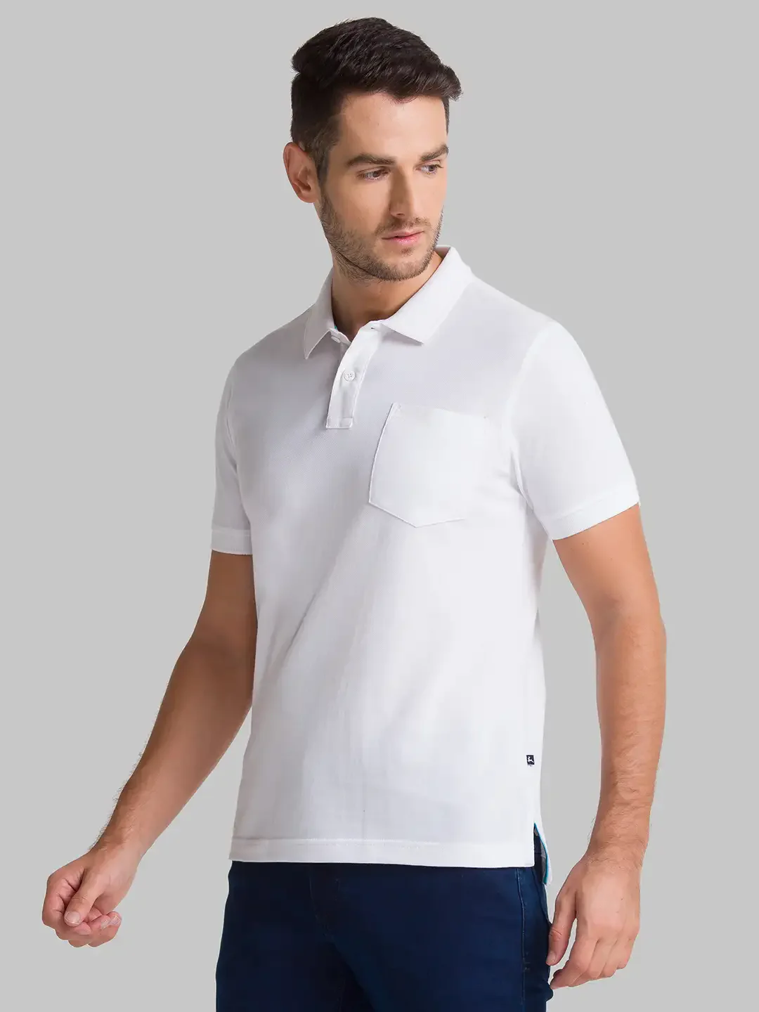 Men White Regular Fit Solid Cotton Round Neck Collar Polo T-Shirt - Image 3