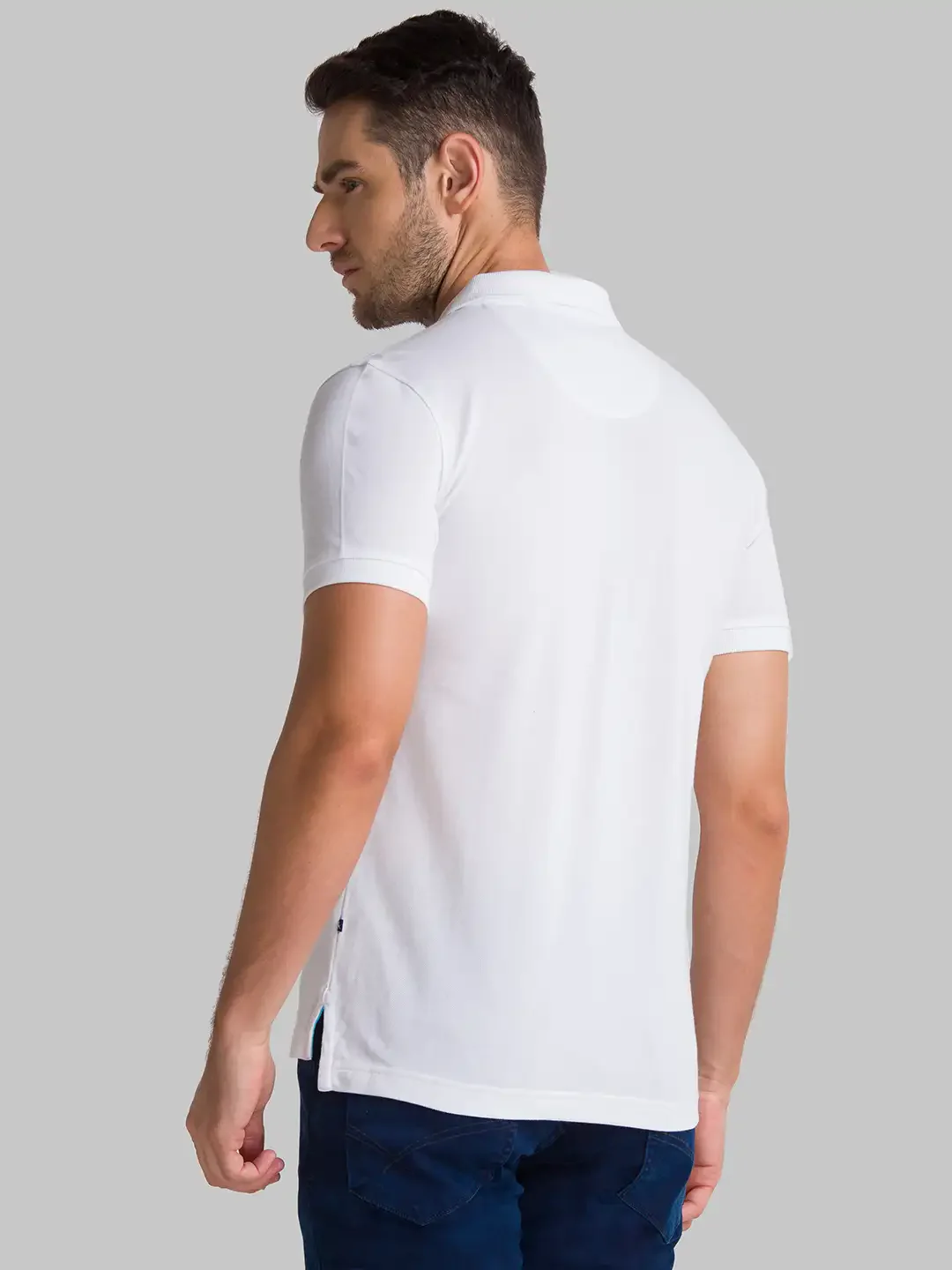 Men White Regular Fit Solid Cotton Round Neck Collar Polo T-Shirt - Image 4