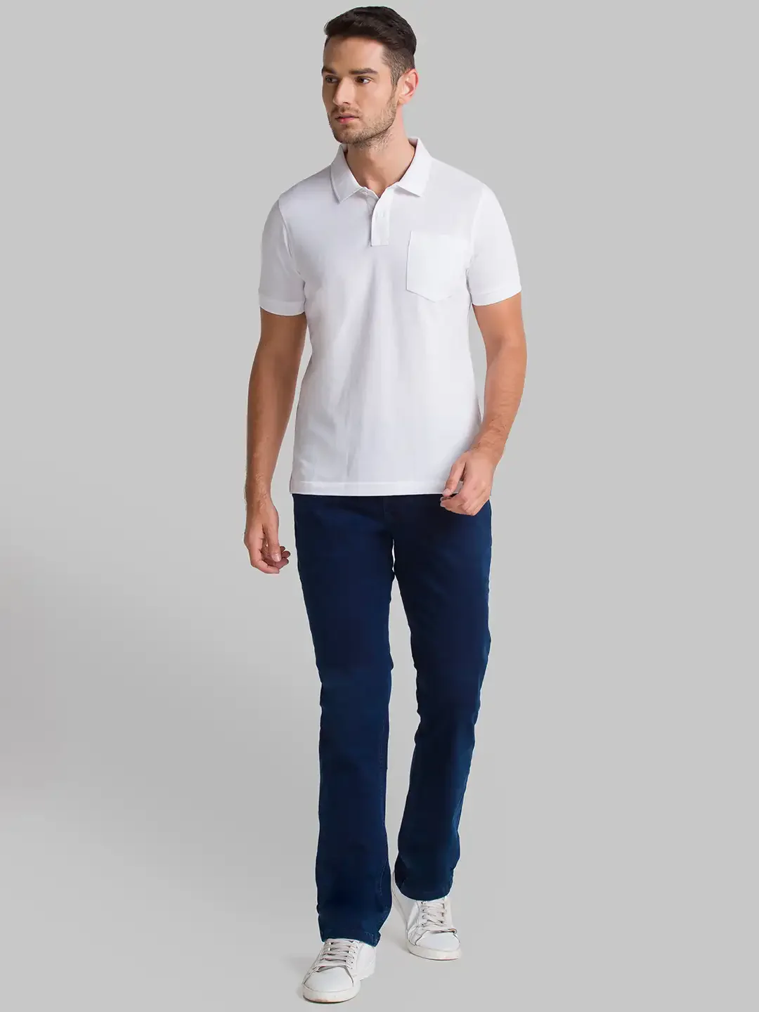 Men White Regular Fit Solid Cotton Round Neck Collar Polo T-Shirt - Image 5